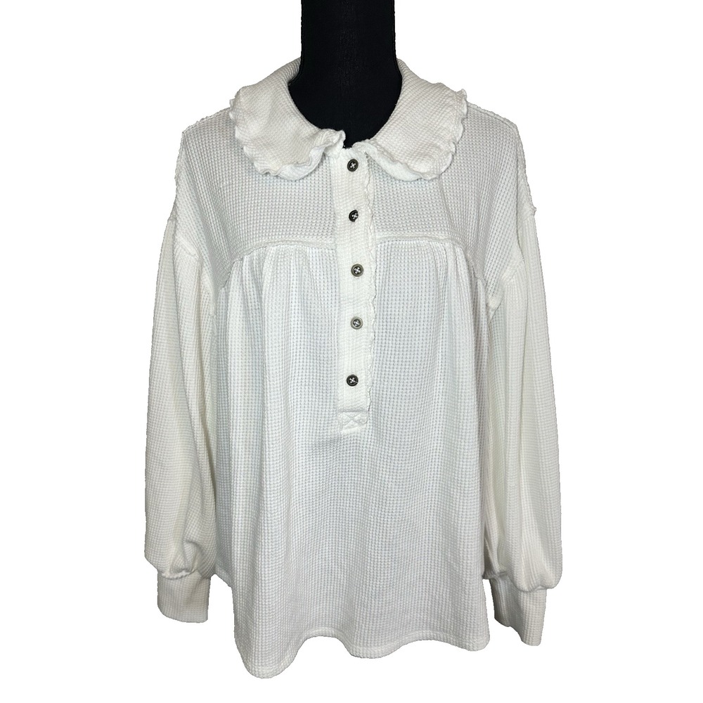 Free People We The Free XS Queen of Hearts Thermal Waffle Ivory Oversized Top